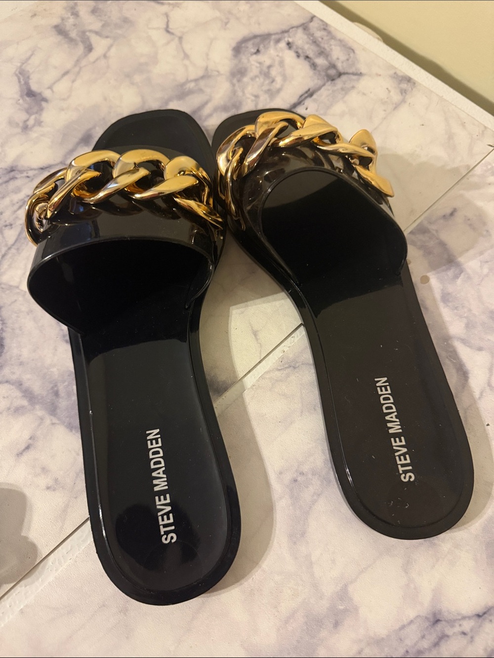Steve Madden Black Patent Slide Sandals with Gold Chain - Picture 3 of 4